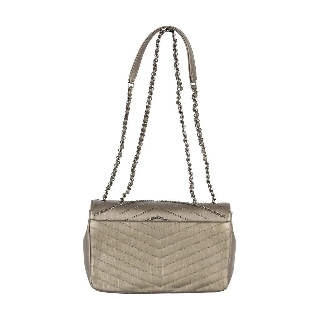 Chanel Embellished 'Chain Sequins' Chevron Flap Bag - '10s Silver Leather Good - Back View