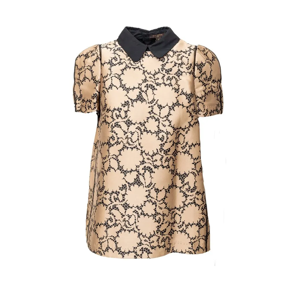 Louis Vuitton Printed Top with Collar - '10s Black Silk Good - Front View