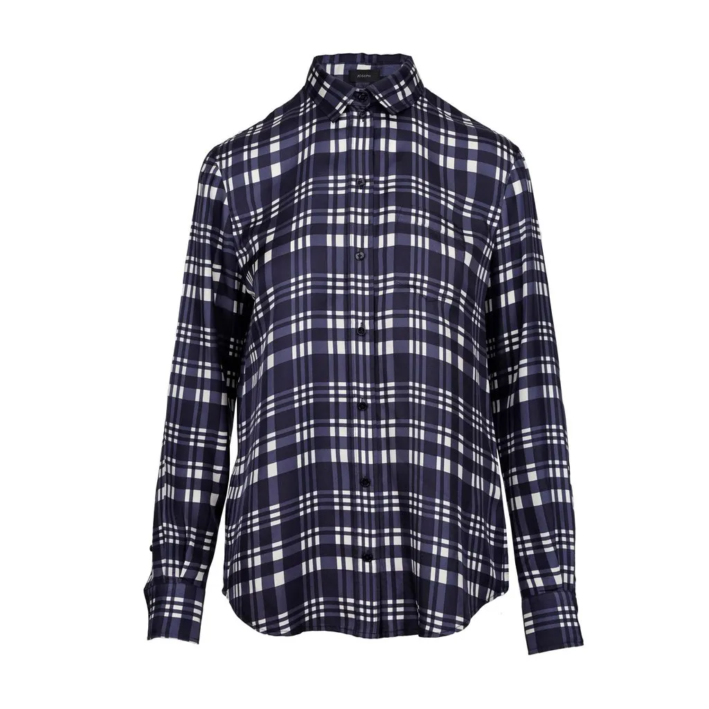 Joseph New Garçon Check Twill Silk Shirt - '10s Navy Silk Good - Front View
