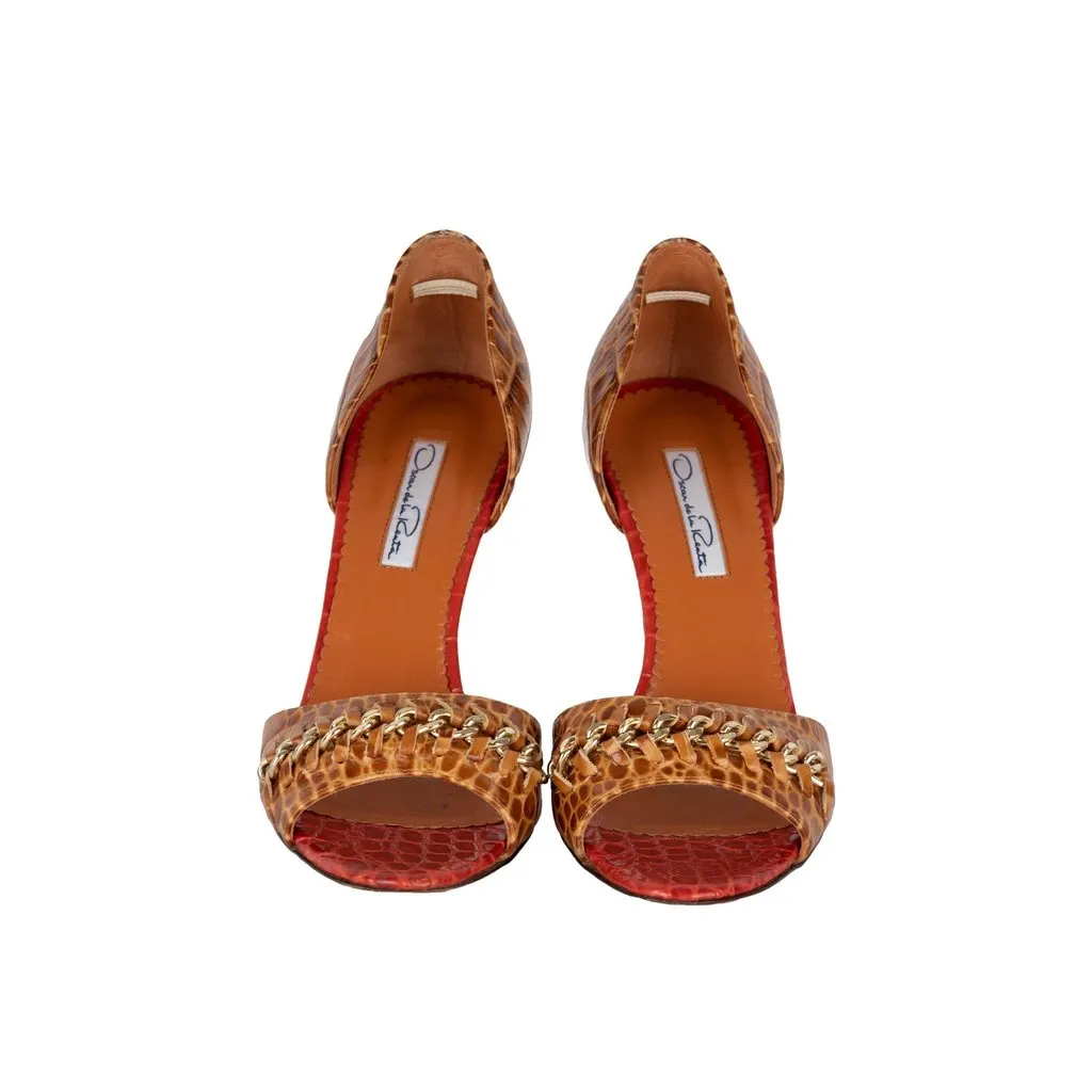Oscar de la Renta Embossed Leather D'orsay Pumps - '10s MultiColor Leather Good - Back View