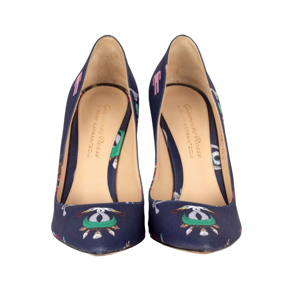 Gianvito Rossi Printed Pumps - '10s Navy Silk Good - Back View