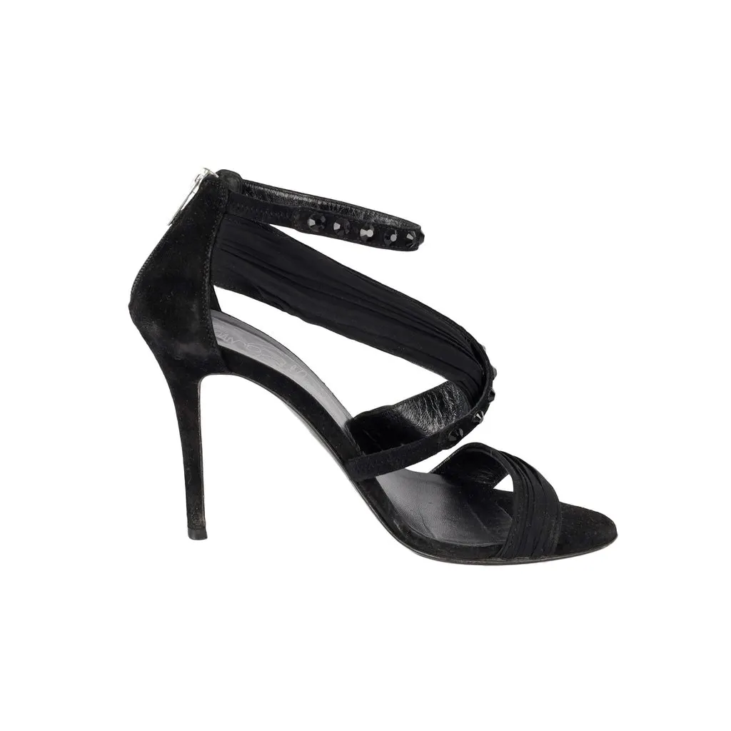 LeSILLA Studded Ankle Strap Sandals - '10s Black Leather Good - Front View