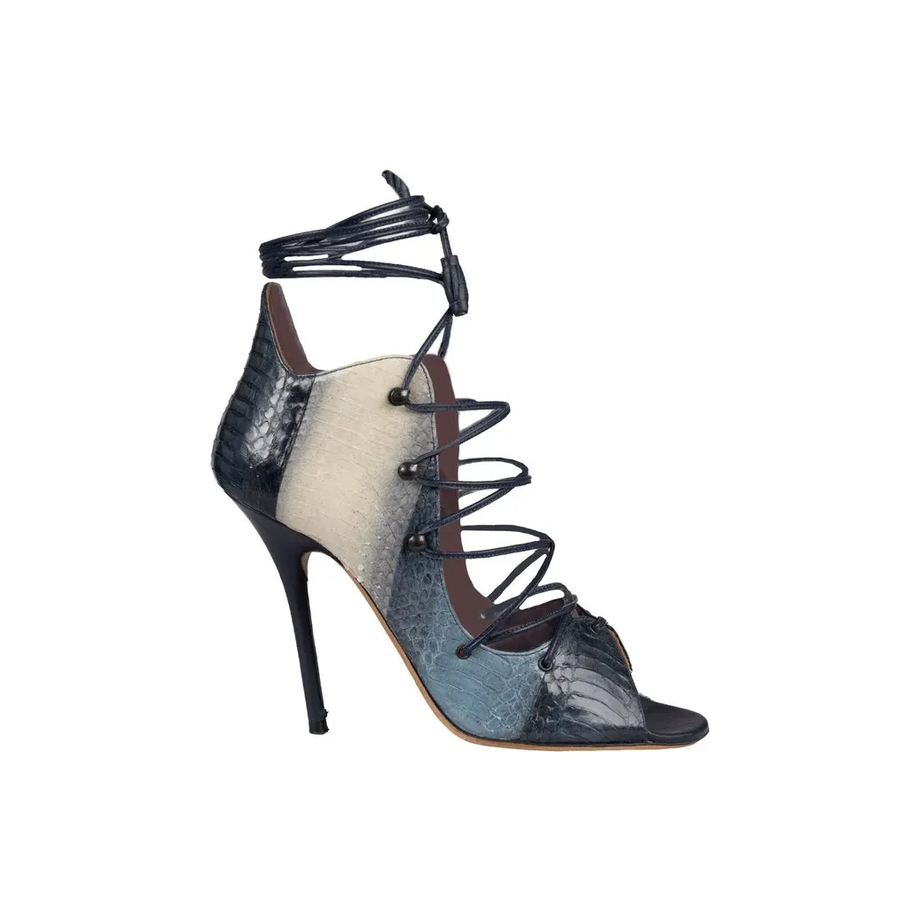 Unsigned Malone Souliers Snakeskin Lace-up Heels - '10s Blue Lace Good - Front View