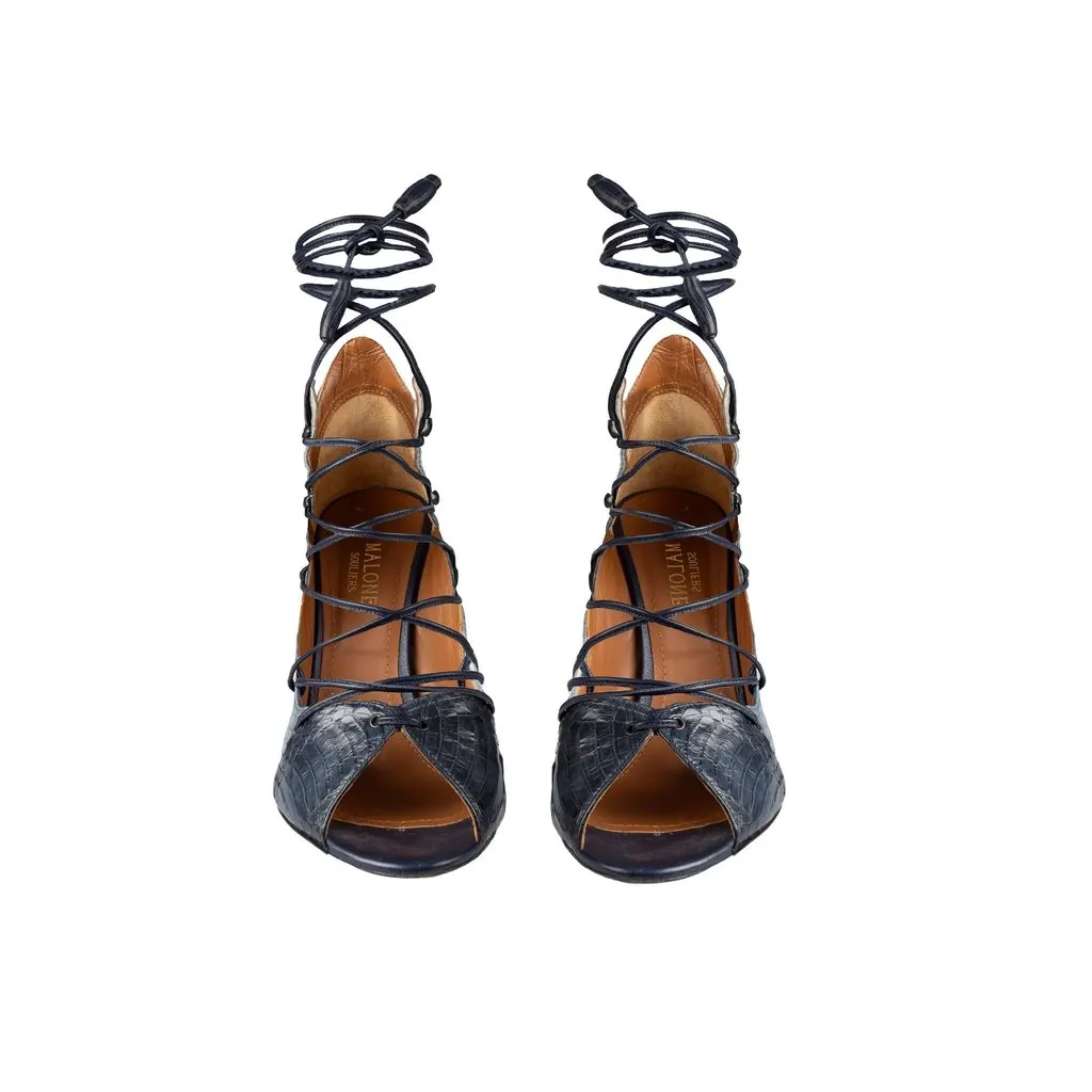 Unsigned Malone Souliers Snakeskin Lace-up Heels - '10s Blue Lace Good - Back View