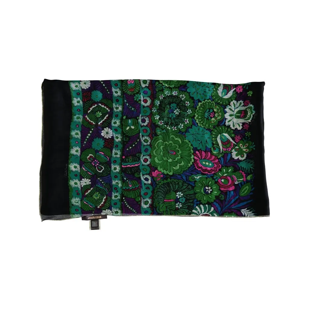 Roberto Cavalli Floral Print Silk Scarf - '10s Black Silk Good - Inside View