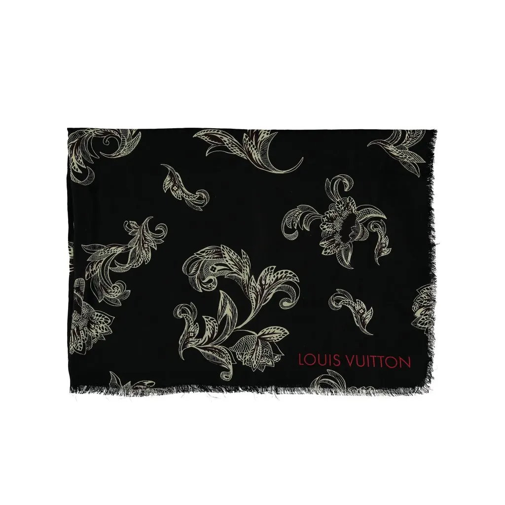 Louis Vuitton Black and White Floral Pattern Scarf - '10s Black Wool Good - Front View