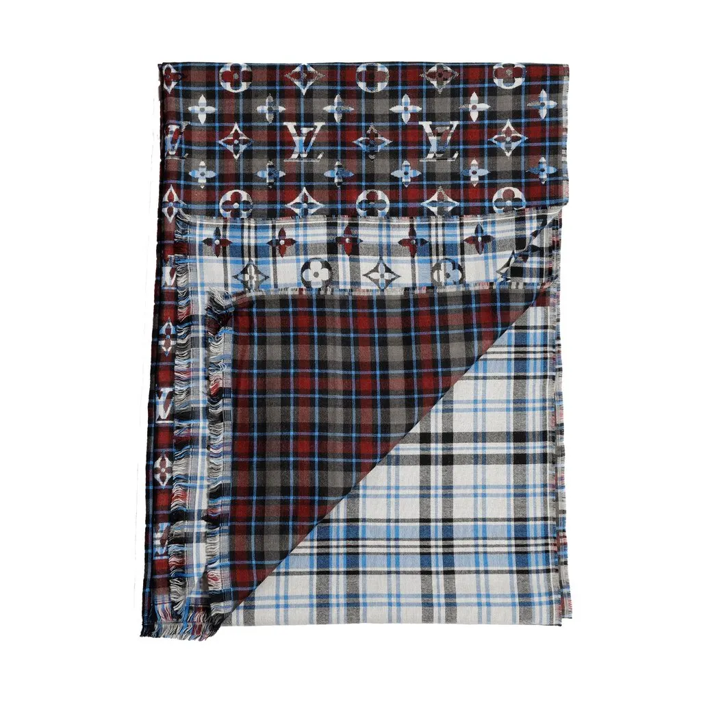 Louis Vuitton Monogram Plaid Scarf - '10s Red Wool Good - Back View
