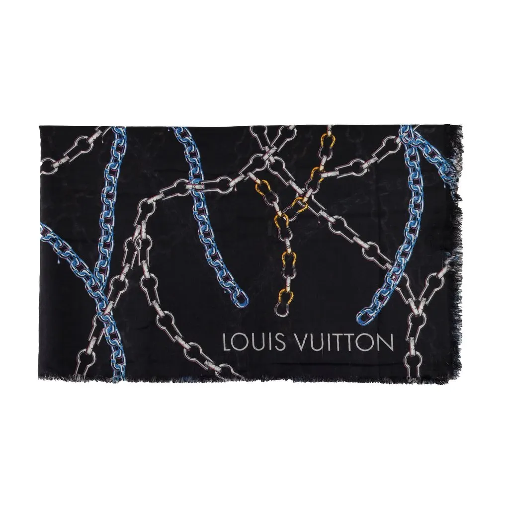 Louis Vuitton Multicolor Chain Print Scarf - '10s Black Silk Good - Front View