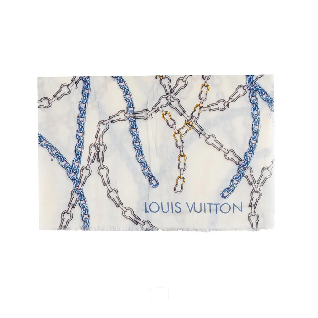 Louis Vuitton Multicolor Chain Print Scarf - '10s White Silk Good - Front View