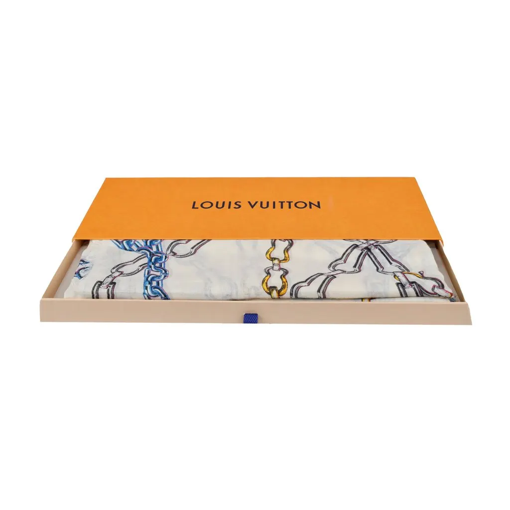 Louis Vuitton Multicolor Chain Print Scarf - '10s White Silk Good - Box View