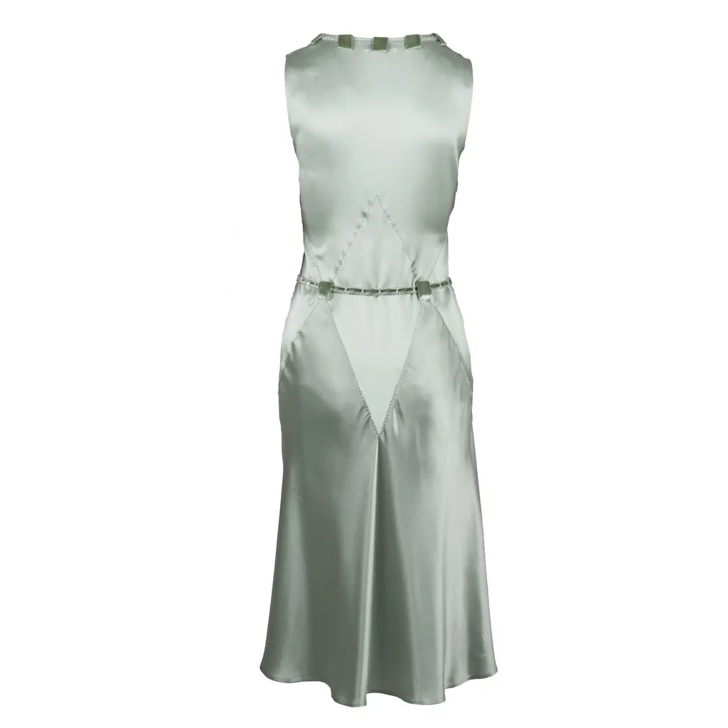 Moschino Beaded V-Neck Dress - '00s Green Silk Good - Model View