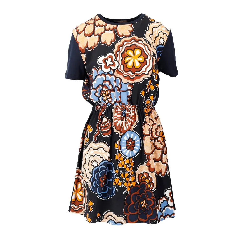 Louis Vuitton Floral Printed Dress - '10s Black Silk Good - Front View