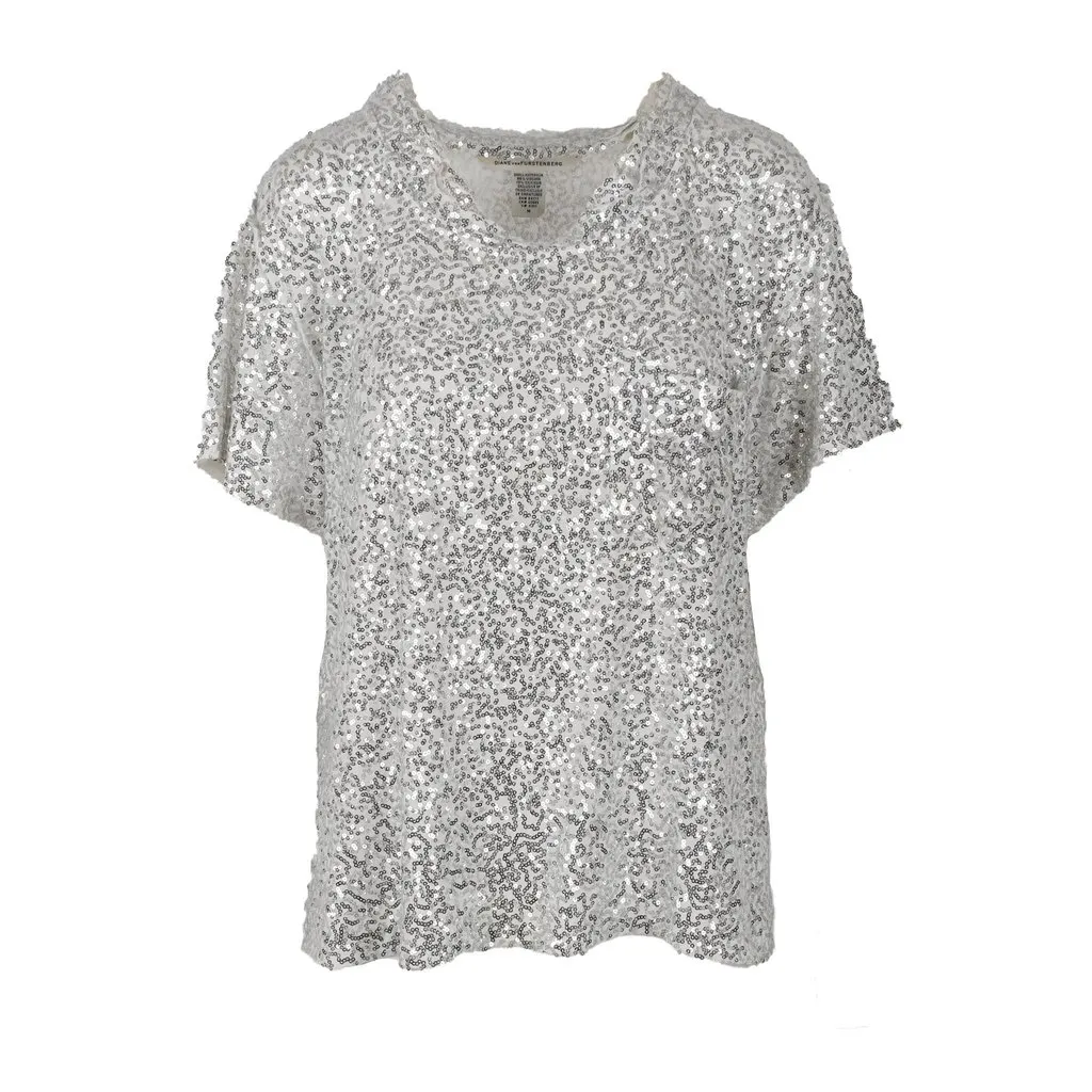 Diane von Furstenberg Oversized Sequin T-shirt - '10s White Silk Good - Front View