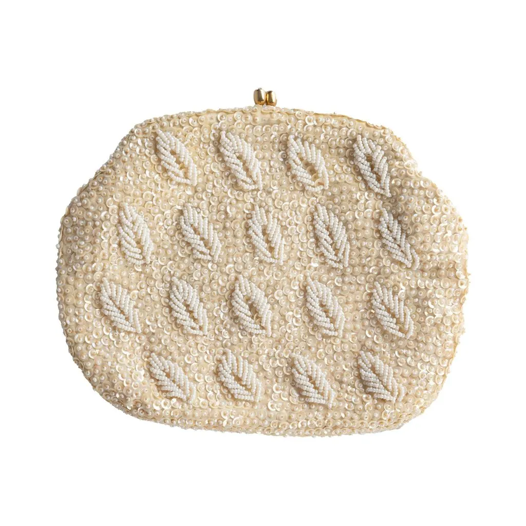 Unsigned Hand-made Beaded Clutch - '90s White Good - Front View