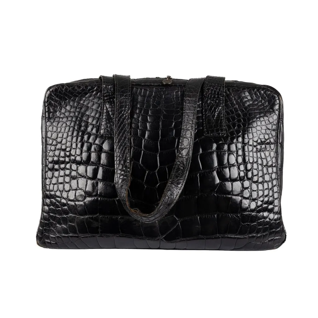 Unsigned Croc-embossed Shoulder Bag - '90s Black Leather Good - Front View