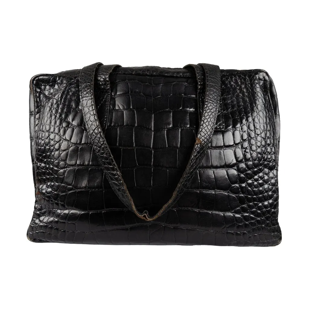 Unsigned Croc-embossed Shoulder Bag - '90s Black Leather Good - Back View