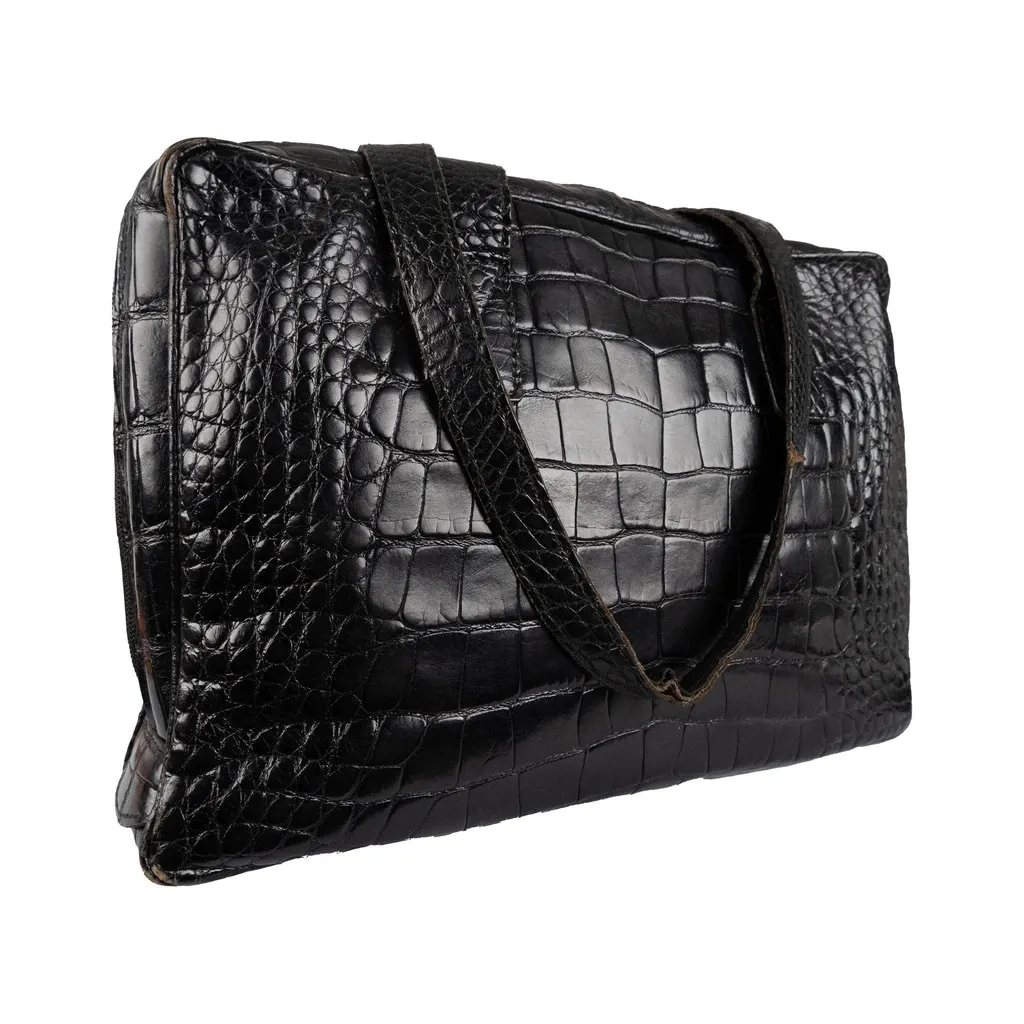 Unsigned Croc-embossed Shoulder Bag - '90s Black Leather Good - Inside View