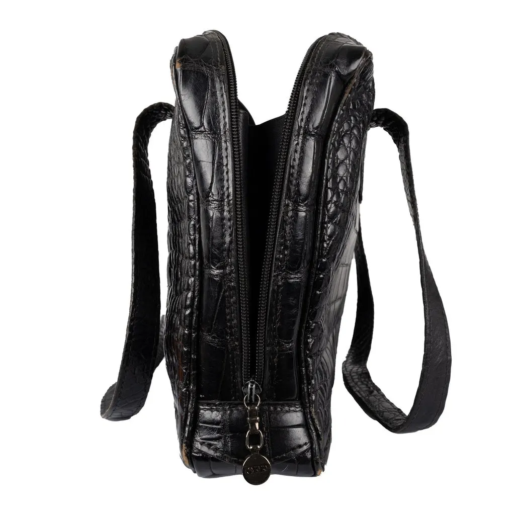 Unsigned Croc-embossed Shoulder Bag - '90s Black Leather Good - Box View