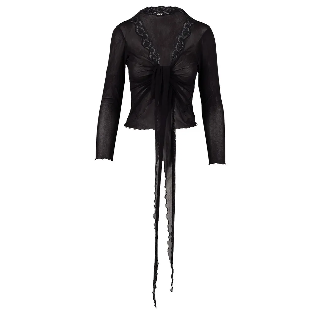 Unsigned Tie-up Cardigan Top - '00s Red Lace Good - Inside View