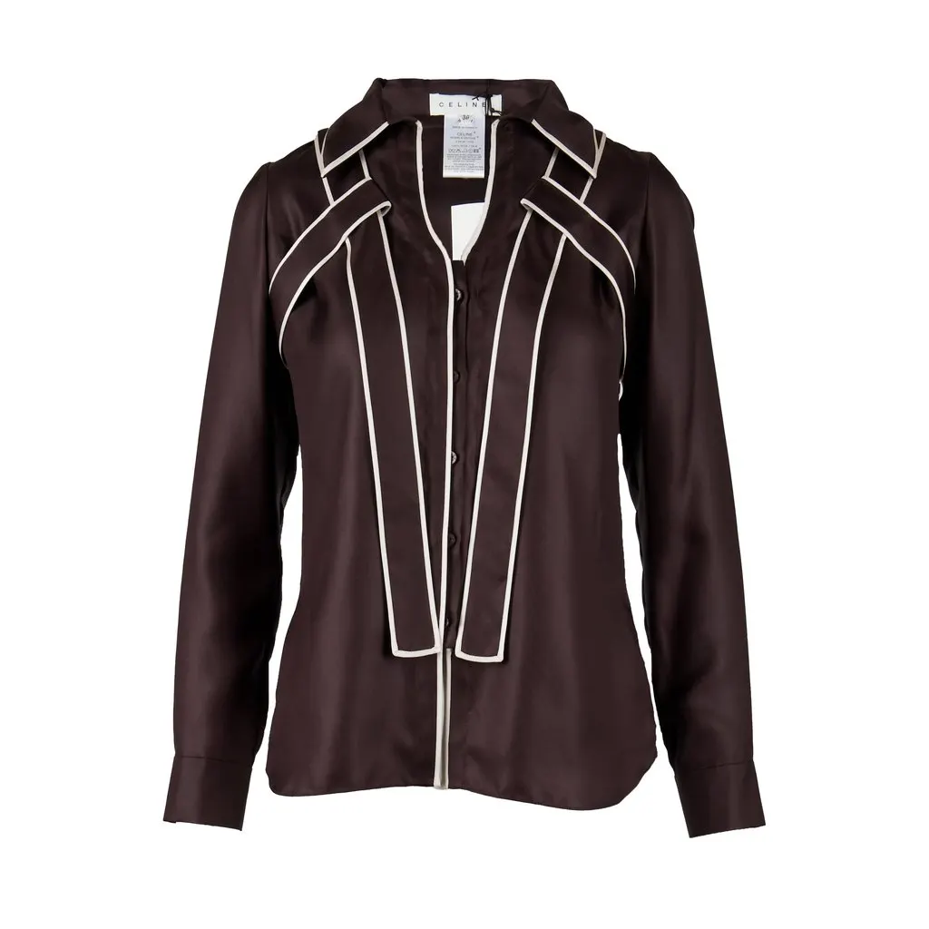 Celine Contrast Top with Collar - '10s Brown Silk Good - Front View