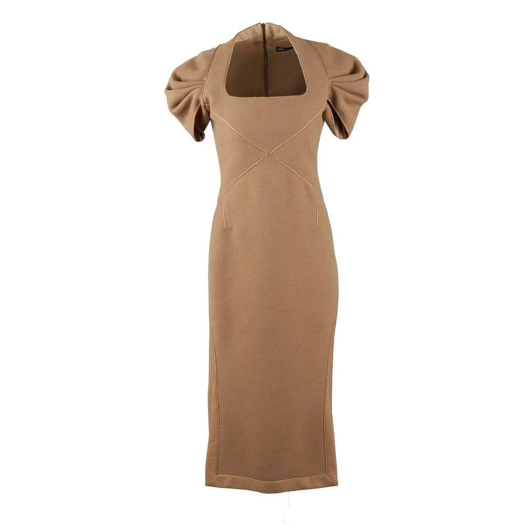 Unsigned 6267 Wool Sheath Dress - '00s Camel Wool Good - Front View
