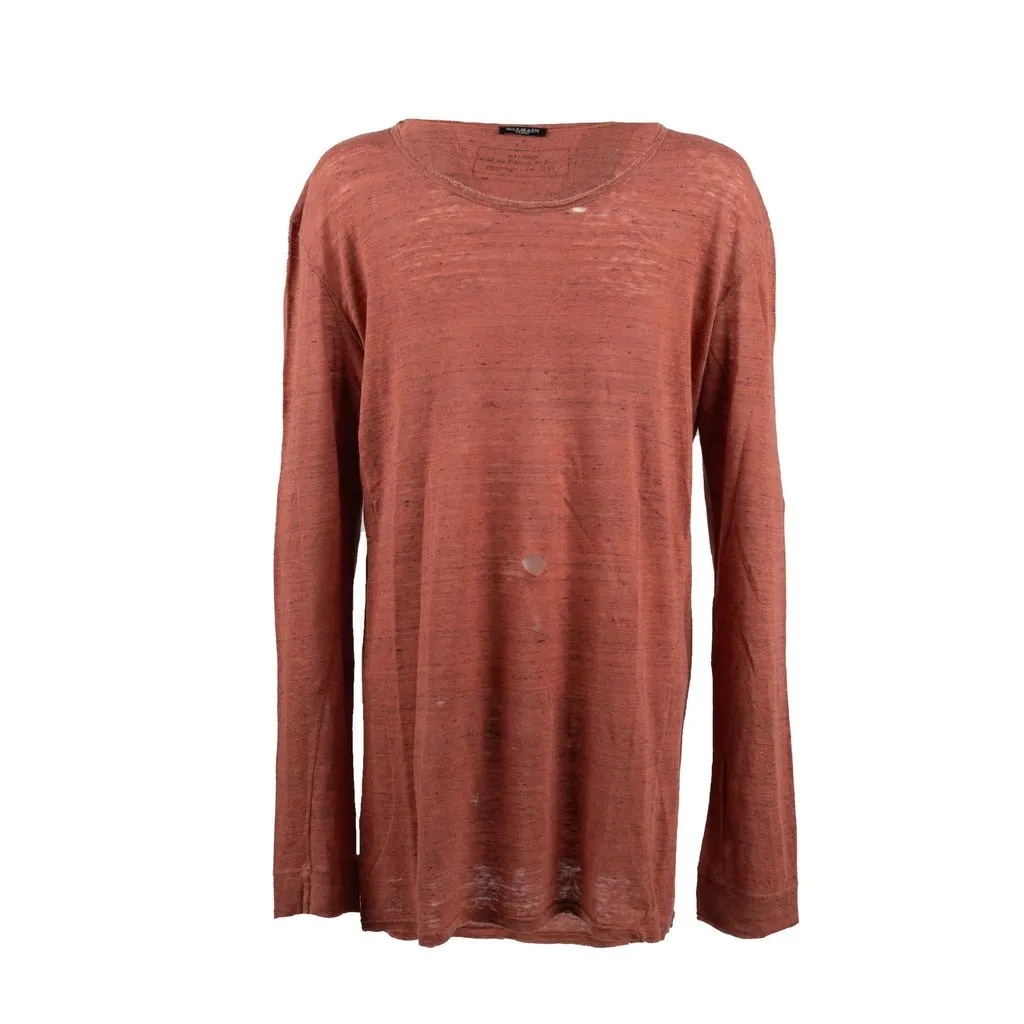 Balmain Distressed Long Sleeve T-shirt - '10s Red Linen Good - Front View