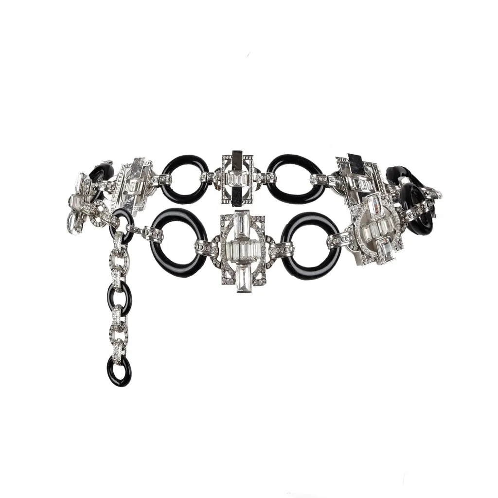 Unsigned Bejeweled Chain Belt - '10s Black Good - Front View