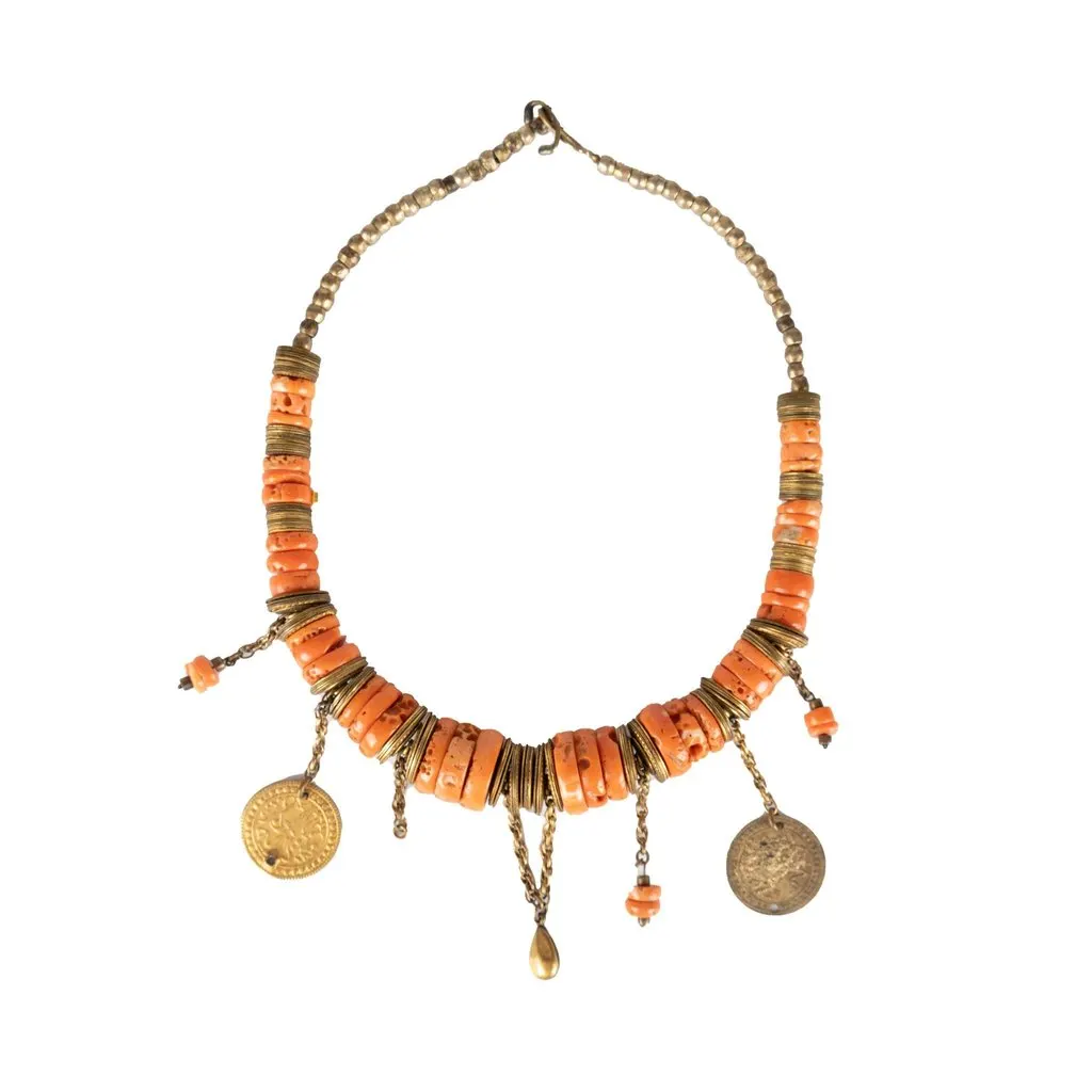 Unsigned Stone Necklace with Coins - '90s Red Lace Good - Front View