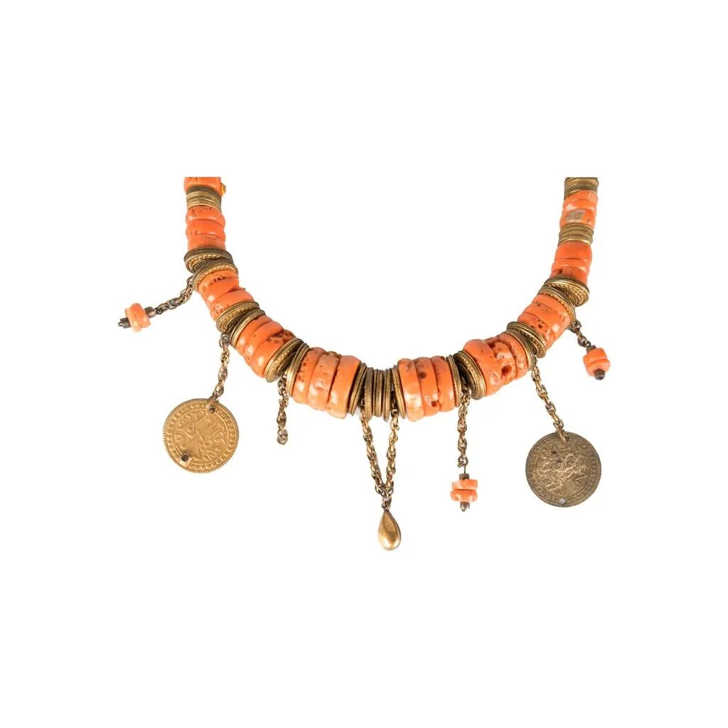 Unsigned Stone Necklace with Coins - '90s Red Lace Good - Back View