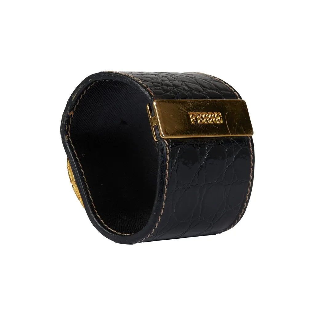Gianfranco Ferré Rigid Leather Bracelet - '80s Black Leather Good - Inside View