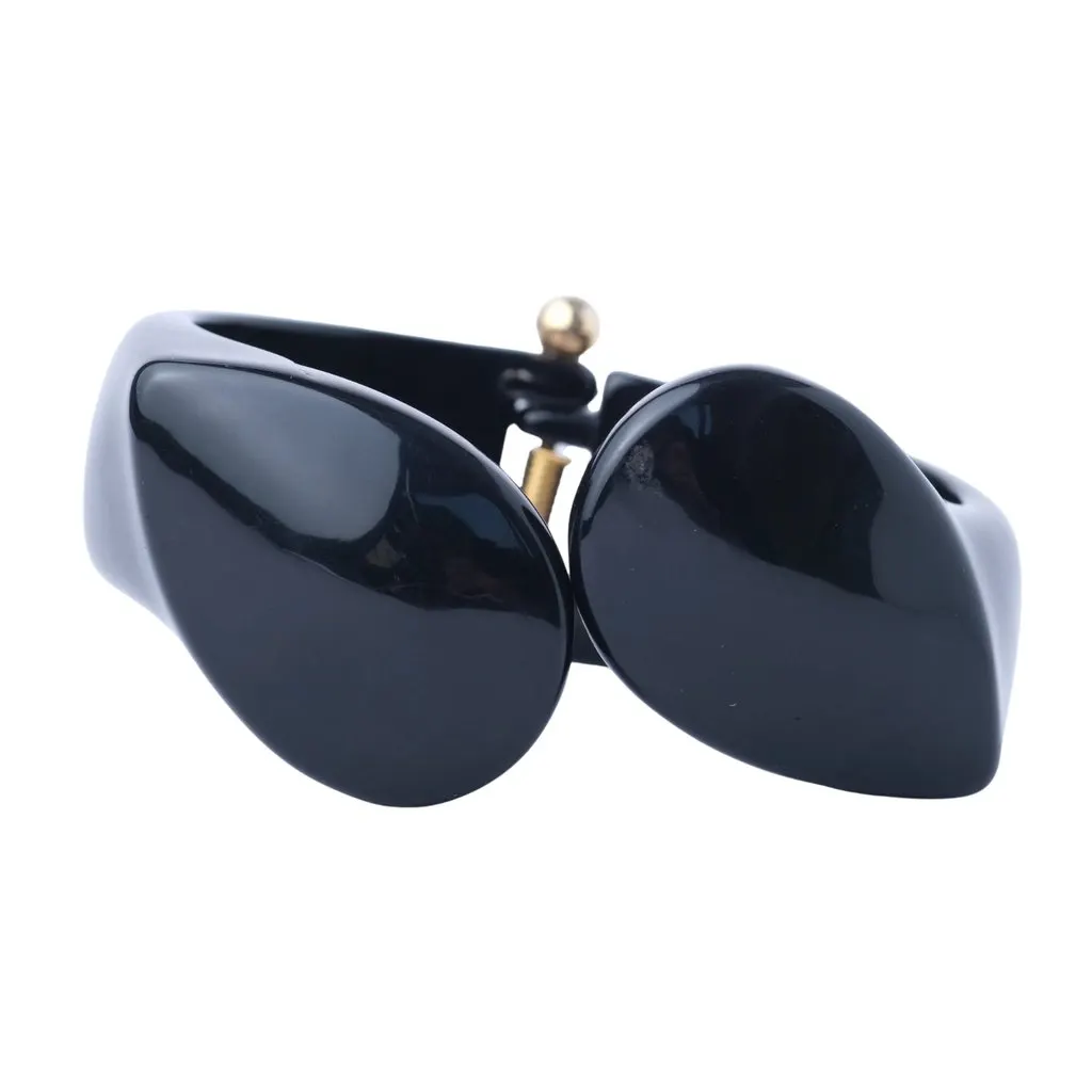 Unsigned Sculptural Black Resin Cuff with Gold-Tone Closure - '00s Black Good - Front View