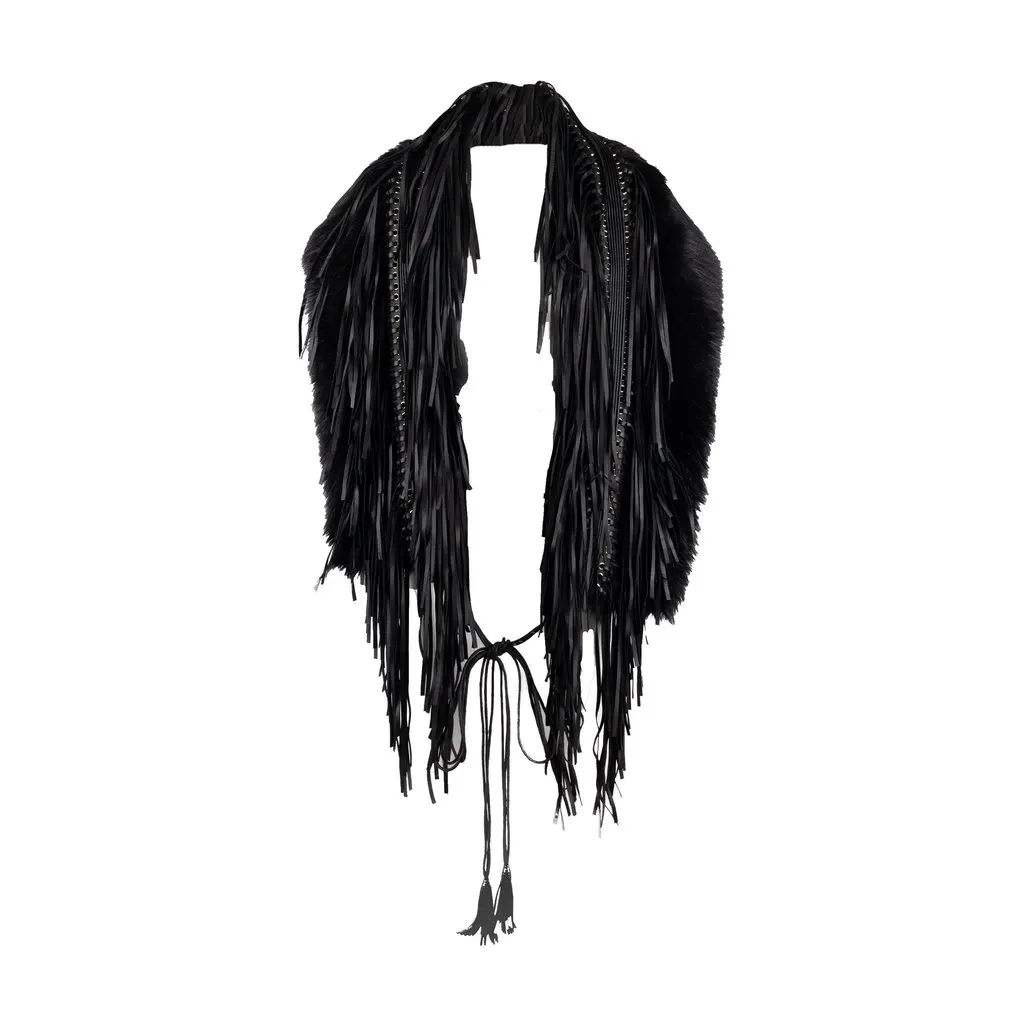 Unsigned Faux Fur Scarf with Leather Fringes - '10s Black Leather Good - Front View
