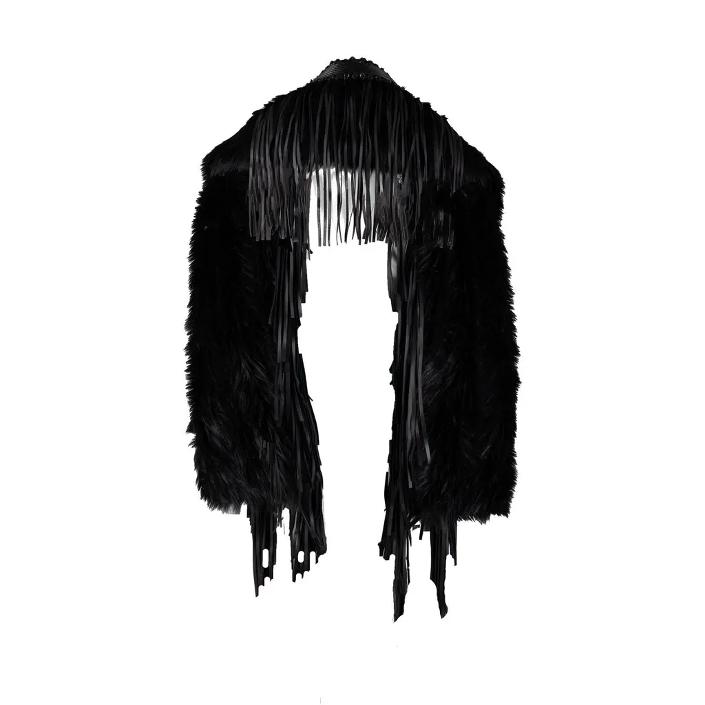 Unsigned Faux Fur Scarf with Leather Fringes - '10s Black Leather Good - Back View