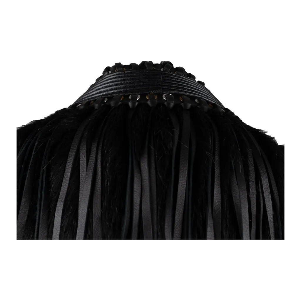 Unsigned Faux Fur Scarf with Leather Fringes - '10s Black Leather Good - Model View