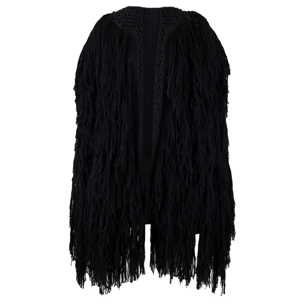 Unsigned Knit Jacket with Fringes - '10s Black Good - Front View