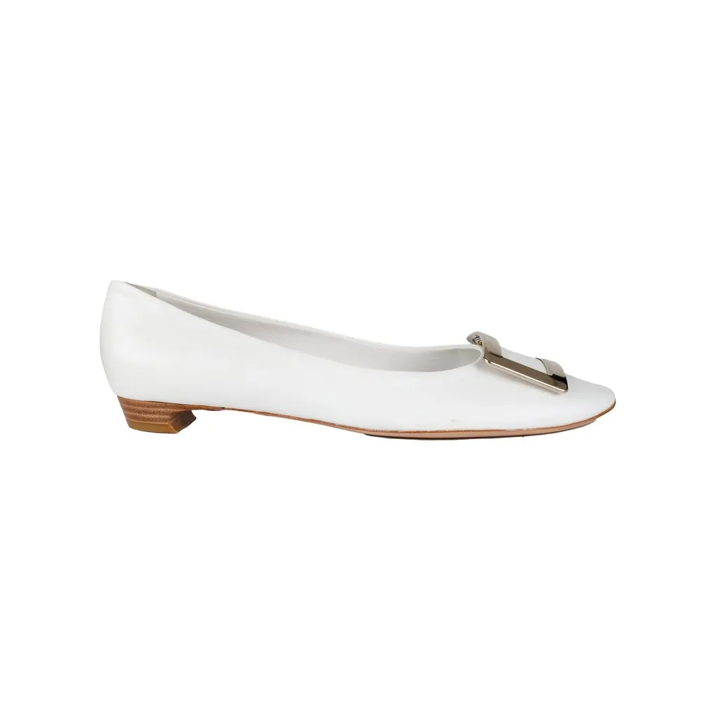 Roger Vivier Trompette Metal Buckle Flats - '20s White Leather Good - Front View