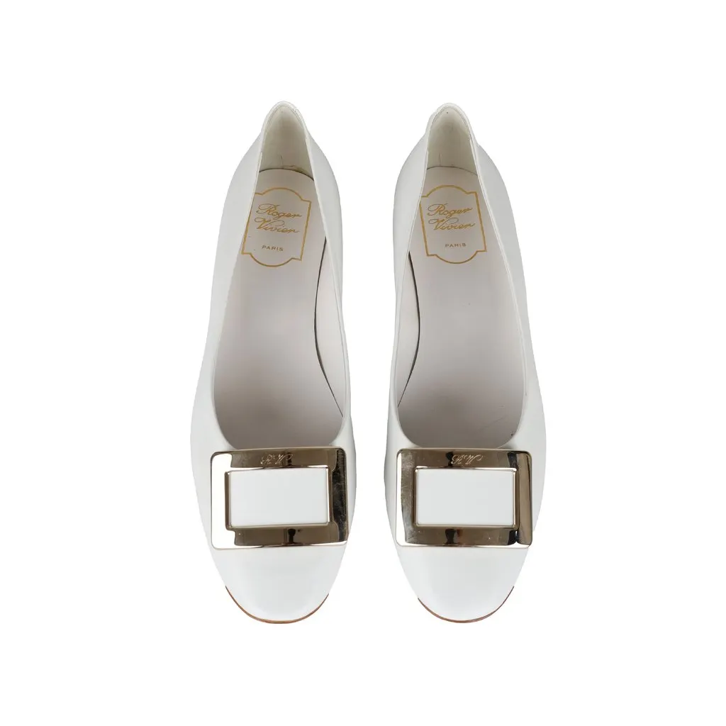 Roger Vivier Trompette Metal Buckle Flats - '20s White Leather Good - Back View