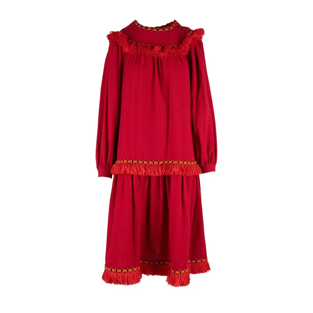 Saint Laurent Vintage Smock dress with Fringe - '70s Red Wool Good - Front View