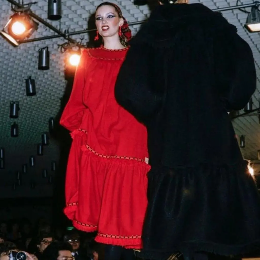 Saint Laurent Vintage Smock dress with Fringe - '70s Red Wool Good - Back View