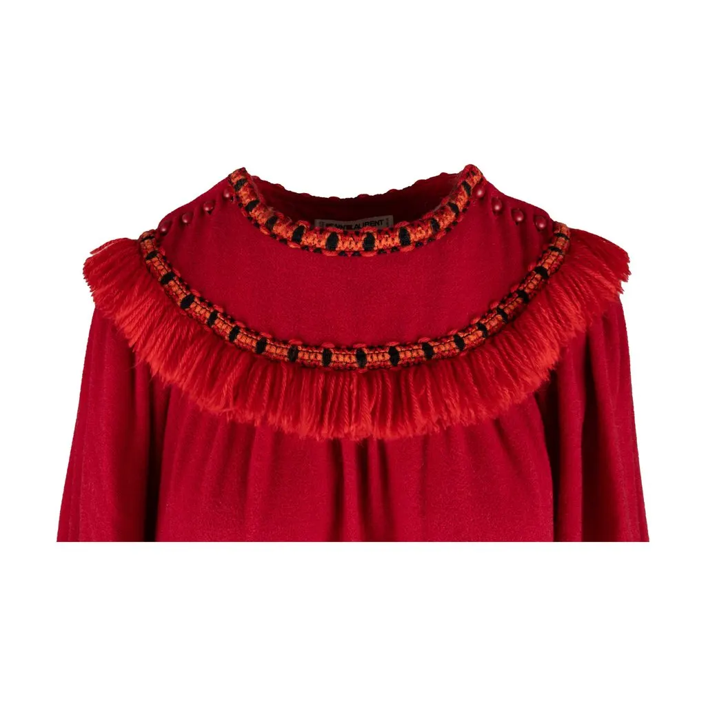 Saint Laurent Vintage Smock dress with Fringe - '70s Red Wool Good - Model View