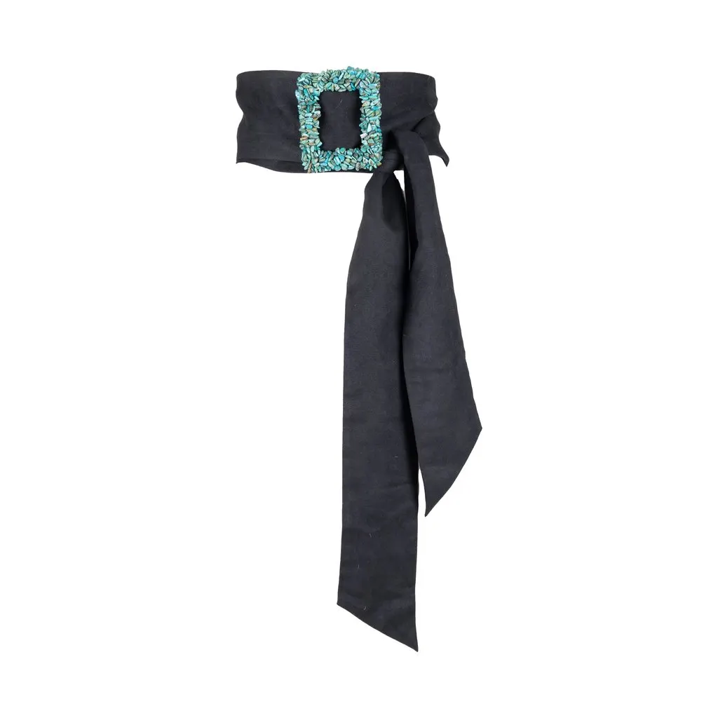 Unsigned Turquoise Stone Suede Belt - '00s Black Suede Good - Front View