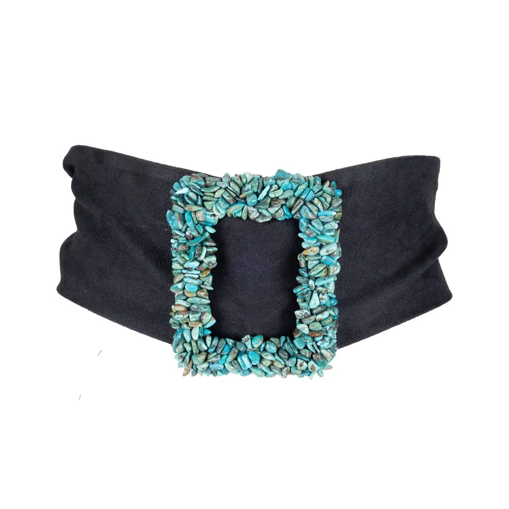 Unsigned Turquoise Stone Suede Belt - '00s Black Suede Good - Back View