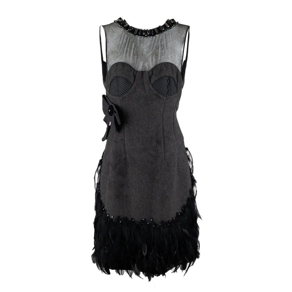 Unsigned 6267 Compact Wool Dress with Feather - '00s Grey Wool Good - Front View