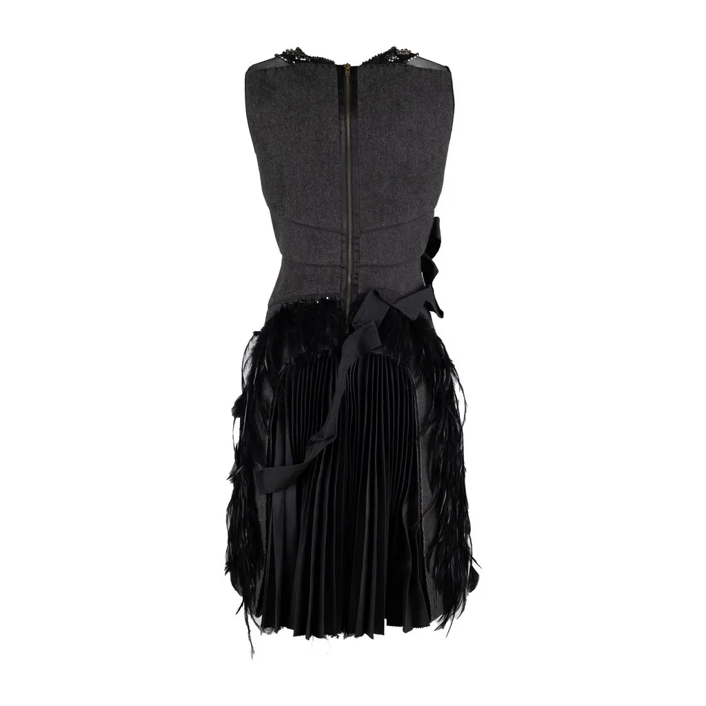 Unsigned 6267 Compact Wool Dress with Feather  - '00s Grey Wool Good - Back View