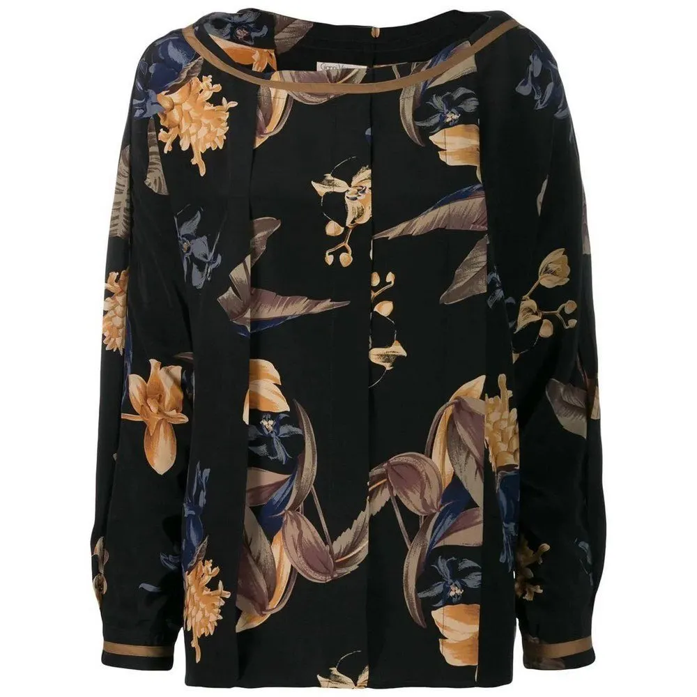 Gianni Versace Floral Silk Blouse - '80s Black Silk Good - Front View