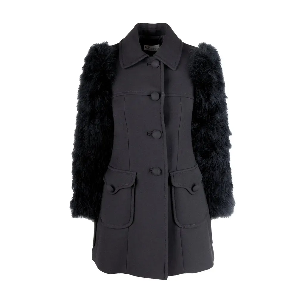 Valentino Wool Coat with Animal Feather Sleeves - '10s Red Wool Good - Front View