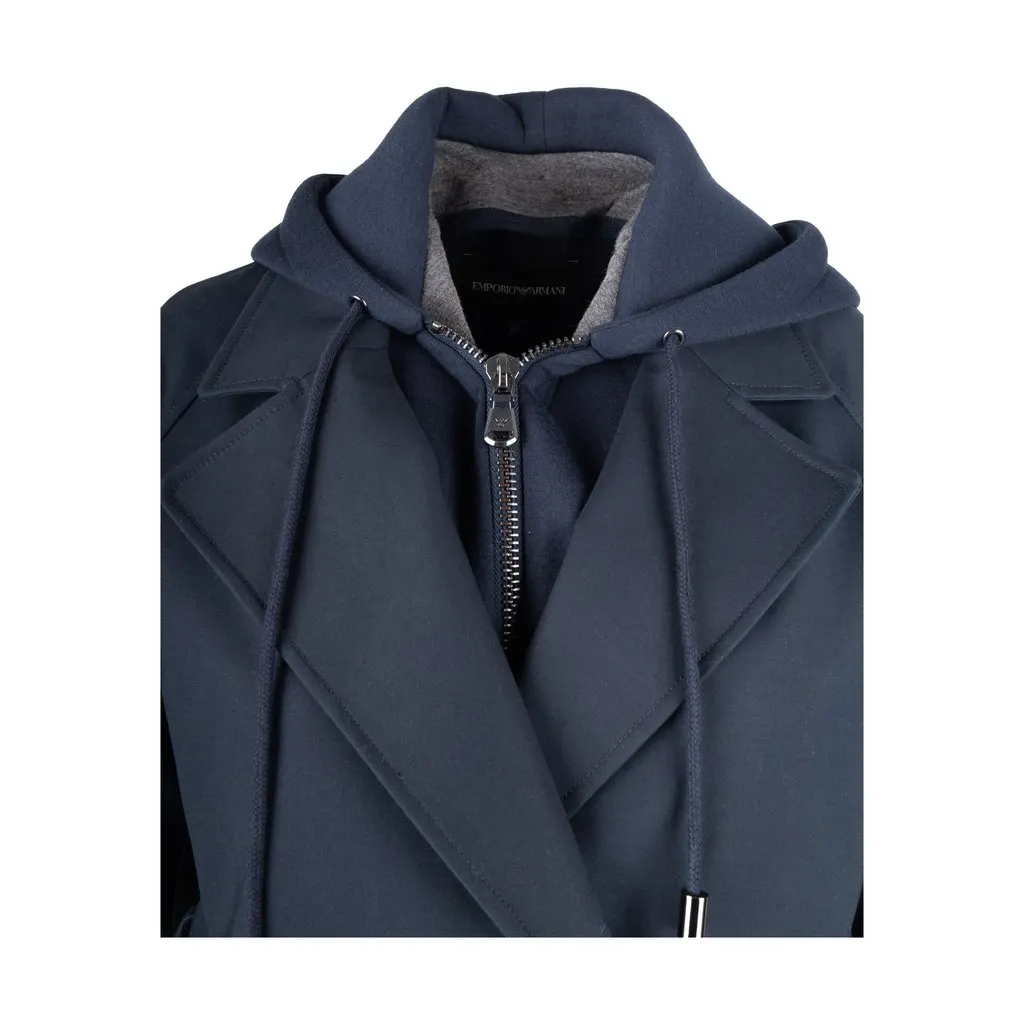 Emporio Armani Trench Coat with Detachable Hoodie - '10s Navy Cotton Good - Model View
