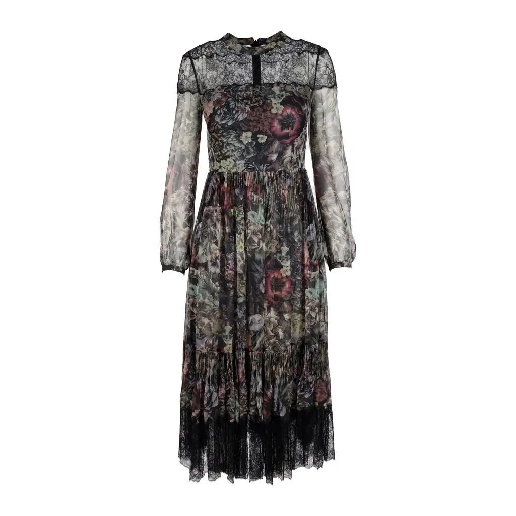 Valentino Lace Trimmed Floral Print Dress - '10s Red Lace Good - Front View