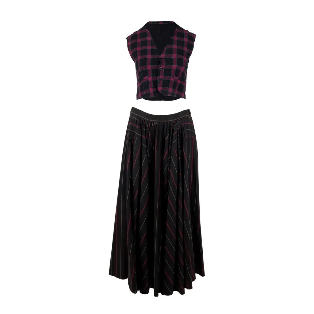 Unsigned by Kenzo Vintage Skirt and Vest Set - '70s Red Cotton Good - Front View