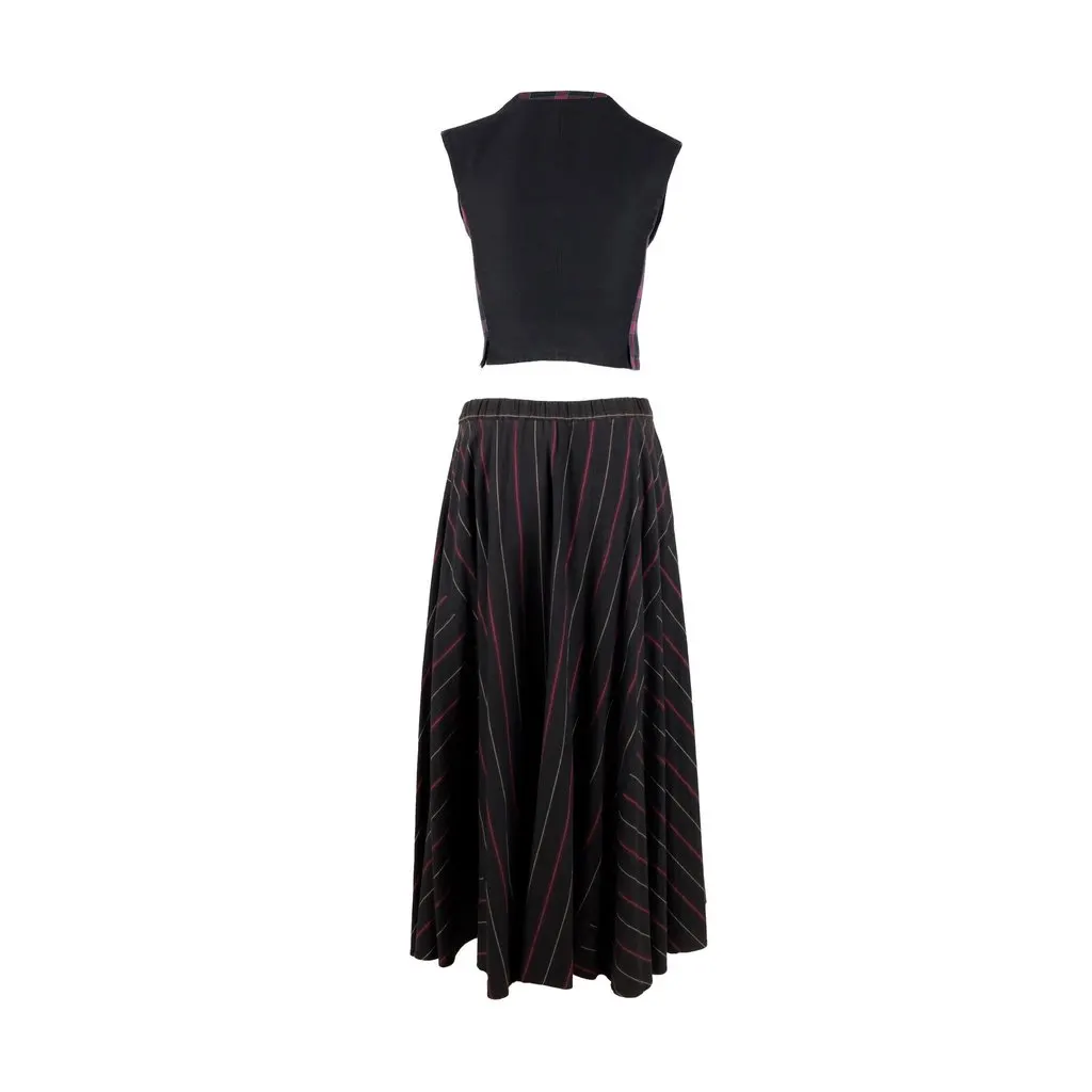 Unsigned by Kenzo Vintage Skirt and Vest Set - '70s Red Cotton Good - Back View